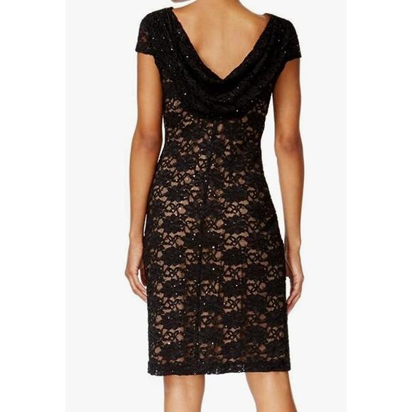 Connected Apparel 10 Black Illusion Lace Nude Cowl Back Sheath Cocktail Dress - Picture 10 of 11